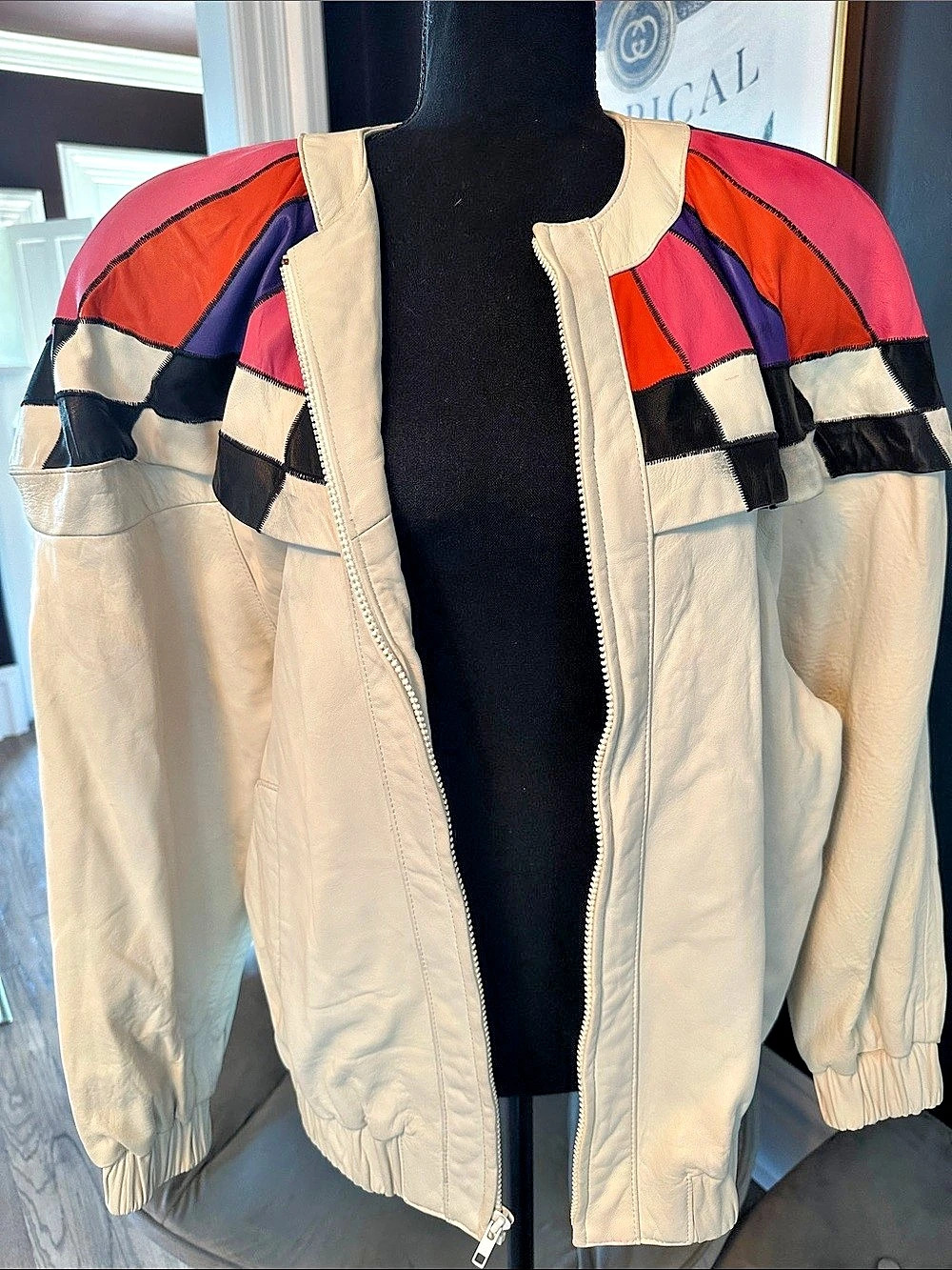 Vintage VAKKO Color Block white Leather Bomber 80’s Jacket Size Medium